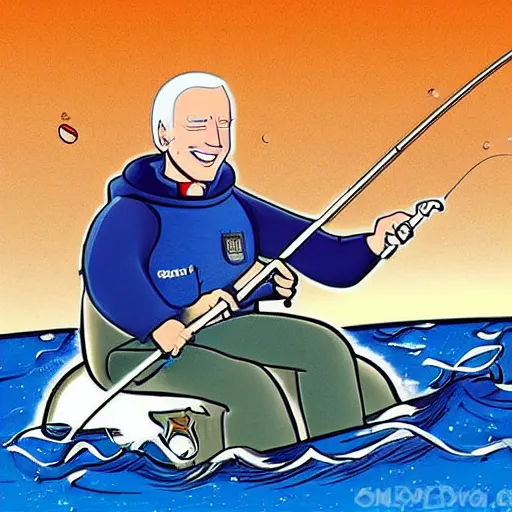 Image similar to joe biden fishing in space, cartoon style, space, stars, fishing pole,