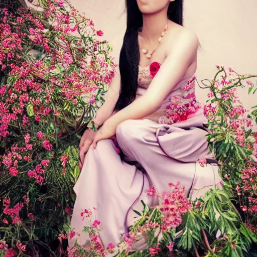 Image similar to photography of the asian queen sitting in the flower thorn, beautiful face, masterpiece costume, jewellery, high quality, elegant, emotionally touching, cool, deep gaze, mystery, tenderness, annie leibowitz style