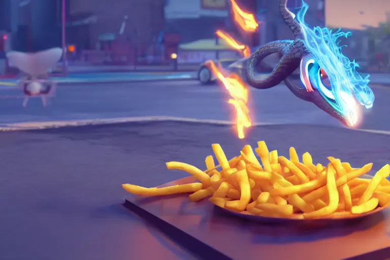 Prompt: a mc donalds commercial with a 3d snake spitting blue fire which is revealing french fries, commercial, 3d render, Mc donalds, 4k, sharp, by Beeple, Octane Render, cinema 4d