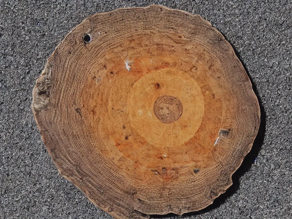 Prompt: wood engraving of a solar system diagram burned into a slice of log, on a white background