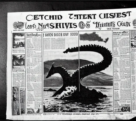 Prompt: photo of the loch ness monster on the cover of a 1 9 2 0 s newspaper,