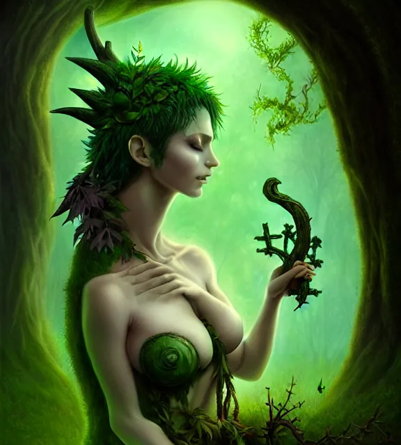 Prompt: ancient graveyard with beautiful female spriggan wearing green leaf halter top, perfect face, dark green leaf hair, with abs, cinematic, blush, stunning, elegant, highly detailed, psychedelic, digital painting, artstation, smooth, hard focus, illustration, art by jessica rossier and and brian froud