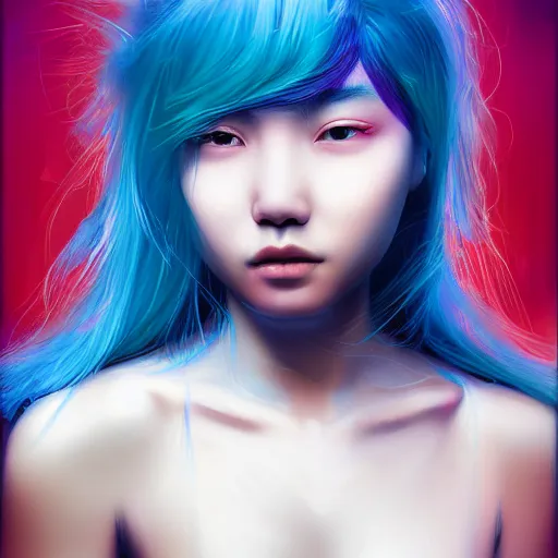 Prompt: a digital painting of an asian girl with blue hair, by pascal blanche, hyperrealism, cyberpunk art, cgsociety, synchromism, detailed painting, glowing neon, digital illustration