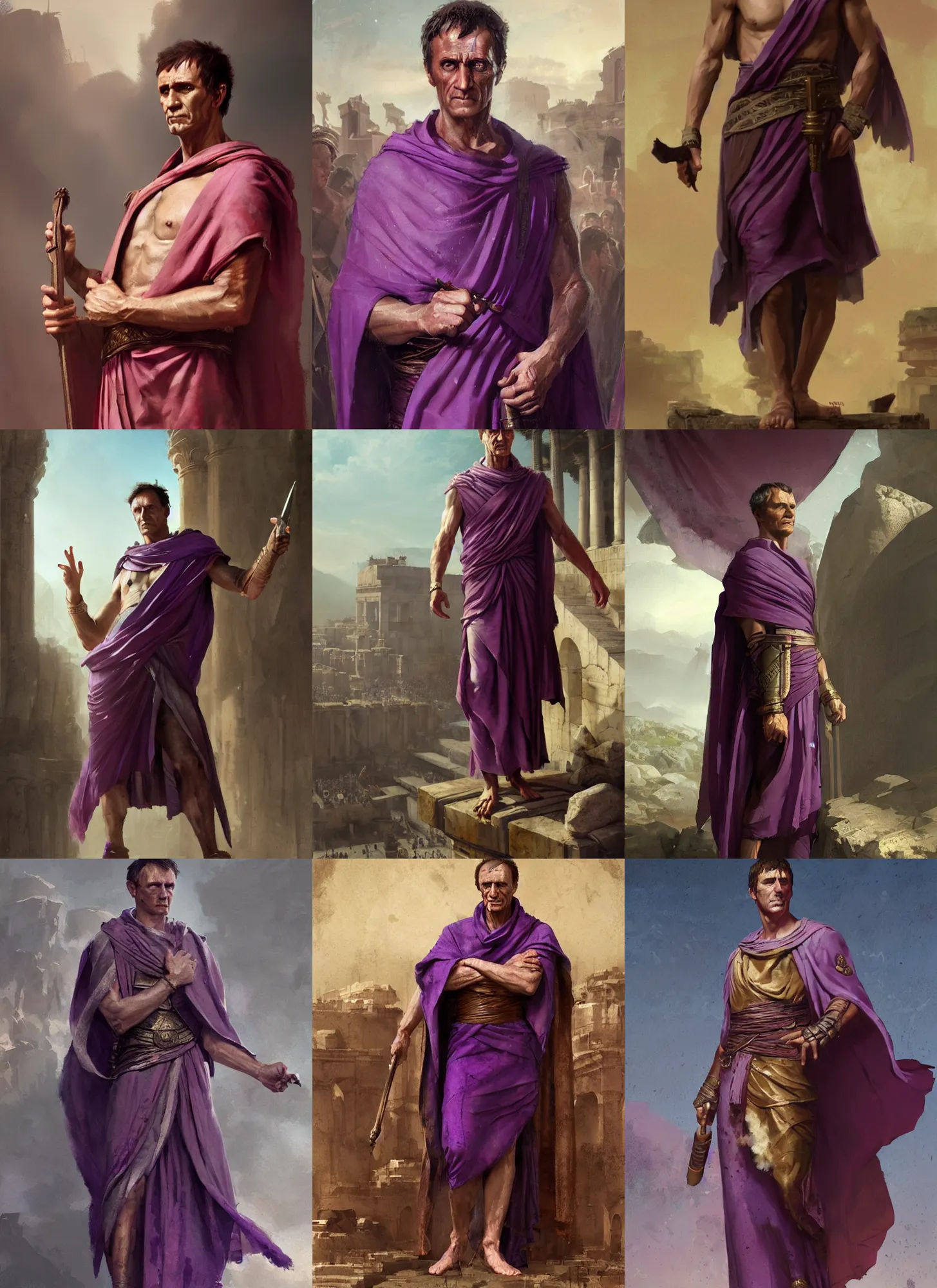 Prompt: gaius julius caesar wearing a tyrian purple roman toga, art by greg rutkowski, highly detailed, digital painting, sharp focus, illustration
