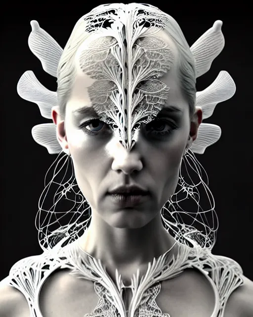 Prompt: bw 3 d render, beautiful angelic biomechanical albino girl cyborg with a porcelain profile face, rim light, big leaves and stems, roots, fine foliage lace, alexander mcqueen, art nouveau fashion embroidered collar, steampunk, silver filigree details, hexagonal mesh wire, mandelbrot fractal, elegant, artstation trending