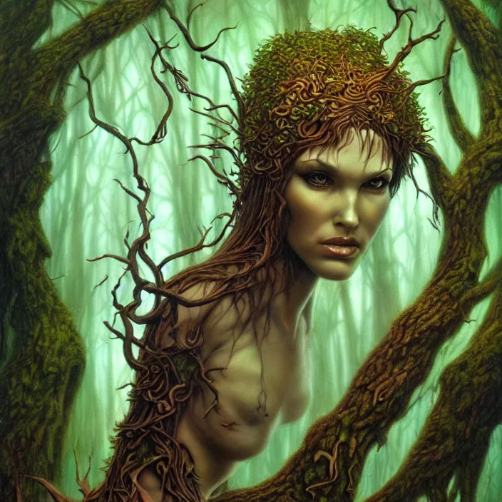 Image similar to female dryad, dark forest, surreal, nature, light shining through, hyper - realistic, highly detailed, sharp focus, smooth, intricate, boris vallejo art style