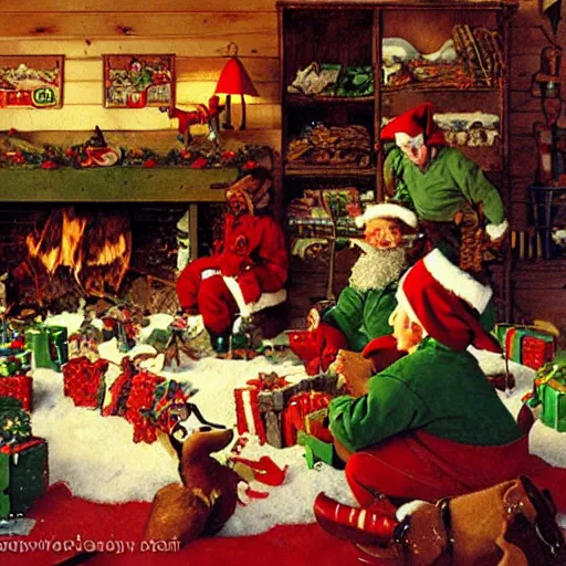 Image similar to santa's workshop at the north pole with elves working on toys and reindeer in the background, norman rockwell, warm colors, high detail, vintage