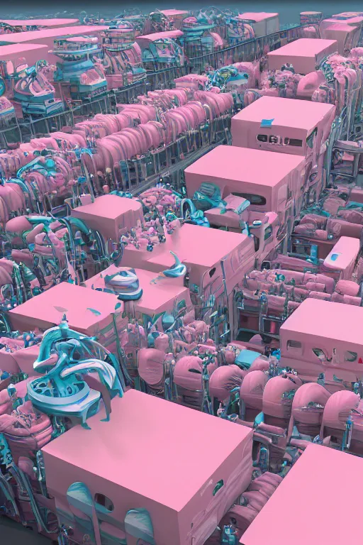 Image similar to Diaper Disposal Factory, Overflowing with Diapers, digital art, fantasy, trending on artstation, professional illustration, cgsociety, ultra detailed, celshaded, colorful, mechanical, conveyor belt, vat of pink liquid