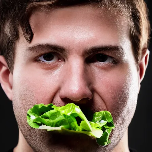Image similar to close up headshot of a sad man eating salad, stock photograph, studio lighting, 4k, beautiful symmetric face, beautiful gazing eyes