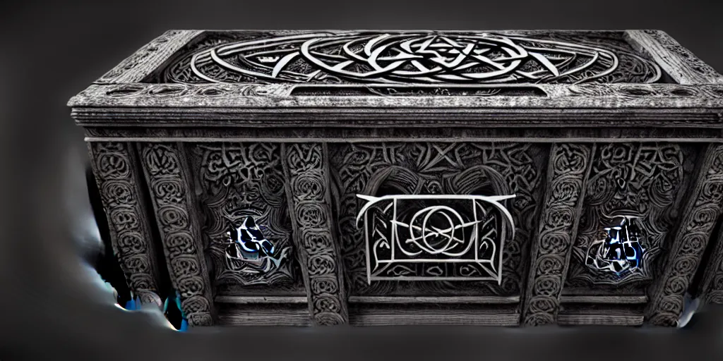 Image similar to an ancient ornate intricate old spell satanic coffin with the sigil symbol of evil emblazoned on the cover, cinematic, realistic, intricate detail, finely detailed, small details, extra detail, photorealistic, high resolution, 3 d, pbr, path tracing, volumetric lighting, octane render, arnold render, 8 k