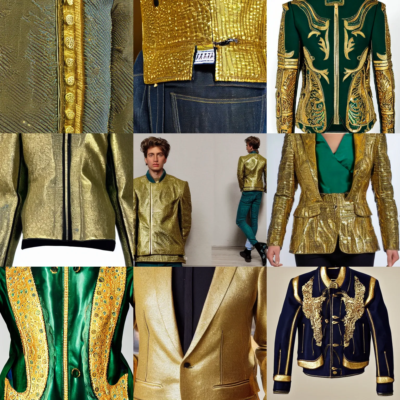 Prompt: a jacket made of gold fabric and jeans made of emerald fabric, high detail, high modernization, very cool, hyperrealistic, hypermaximalist, full body