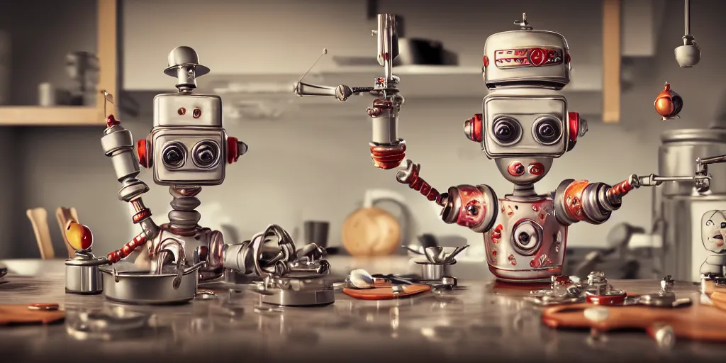 Prompt: closeup portrait of tin toy retro robot mad scientists cooking pastry in a kitchen, depth of field, zeiss lens, detailed, centered, fashion photoshoot, by nicoletta ceccoli, mark ryden, lostfish, breathtaking, 8 k resolution, extremely detailed, beautiful, establishing shot, artistic, hyperrealistic, octane render