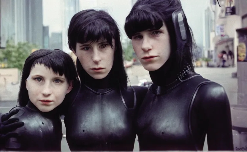 Image similar to cinestill 5 0 d photographic portrait by helen levitt of affection between two loving female cyborgs wearing black techwear in a retrofuturist garden, extreme closeup, modern cyberpunk, moody, 8 k, hd, high resolution, 3 5 mm, f / 3 2, ultra realistic faces, intricate detail, ex machina