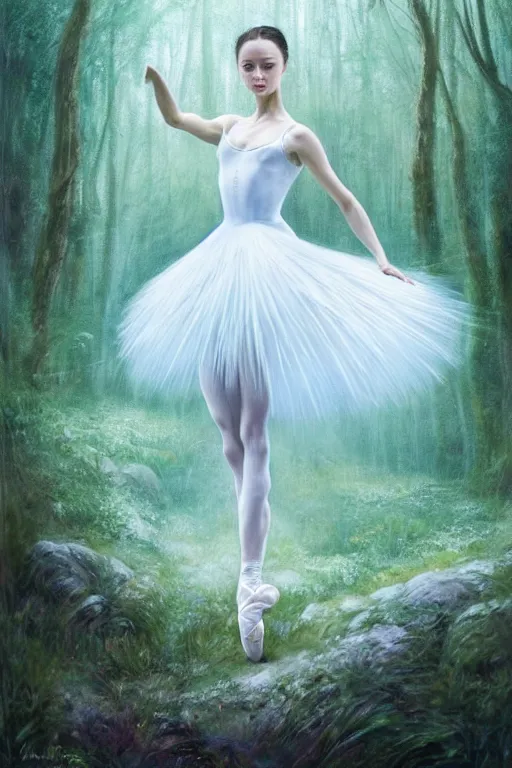 Image similar to a beautiful prima ballerina in white dress in a forest, inspired by thomas eakes & greg rutkowski & xiang duan, perfect symmetry, magic realism, post - processing, extremely hyper - detailed, intricate, soft - lighting, lifelike attributes, masterpiece, pastel'