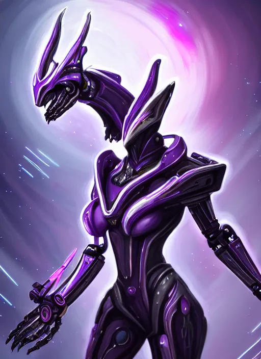 Image similar to cinematic maw shot, cosmic sized proportional stunning beautiful hot female warframe, detailed sleek robot mecha female dragon head, metal ears, purple visor eyes, sleek silver armor, floating in empty space, nebula sized, epic proportions, epic size, epic scale, furry art, dragon art, giantess art, warframe fanart, furaffinity, deviantart