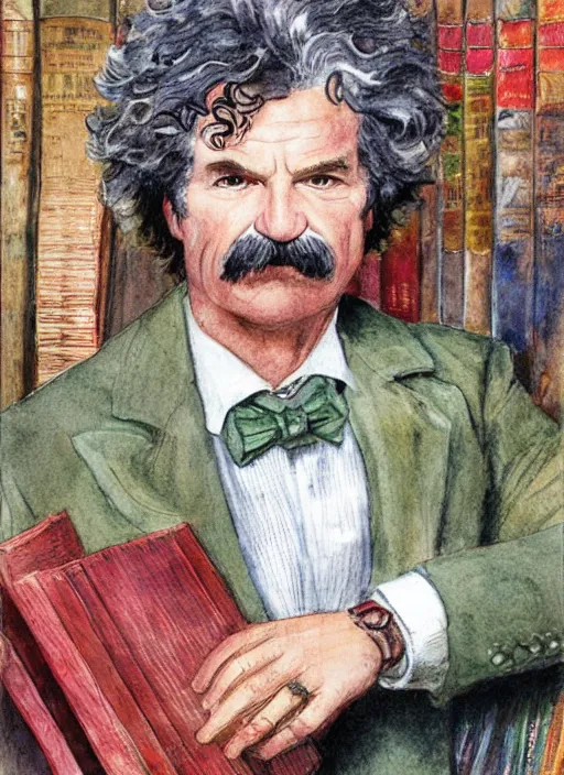 Prompt: realistic portrait of mark twain surrounded by a frame of books, art by harvey dunn and howard pyle and walter crane, illustration, watercolor art,