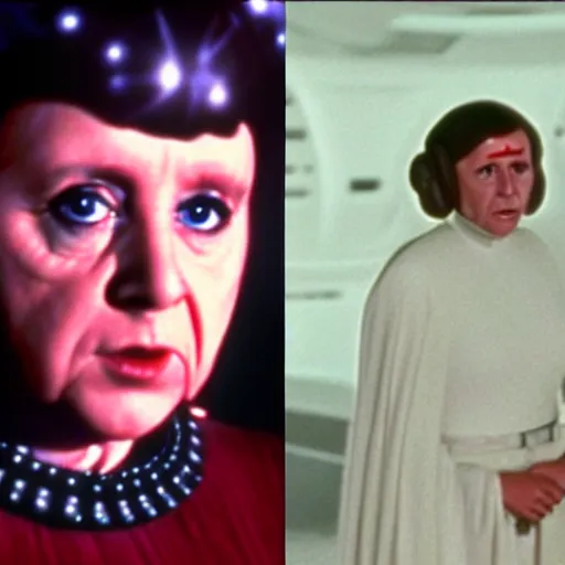 Image similar to Angela Merkel as Princess Leia in star wars, movie still, grainy