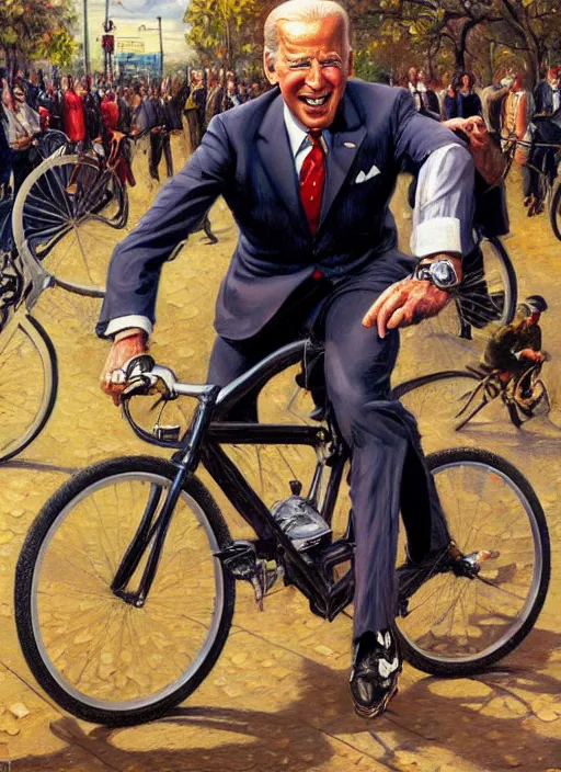 Prompt: joe biden falling off his bicycle, pulp art oil painting by mort kunstler and wilson mclean, intricate, hyper detailed, 4 k, hd, award winning, photorealistic