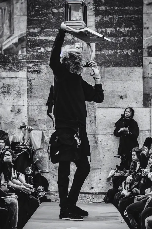 Prompt: Homeless man walking on podium at the annual fashion show in Paris, 8K, Photo 35mm, Kodak 35mm, Photorealistic, realistic, 4K, 8K, 8k resolution, high quality, Super-high qualit, details, super detailed, high details, max details, Hyperrealistic