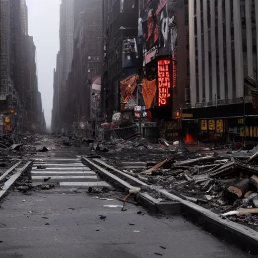 Image similar to death and destruction in New York city, movie still, moody, 4k