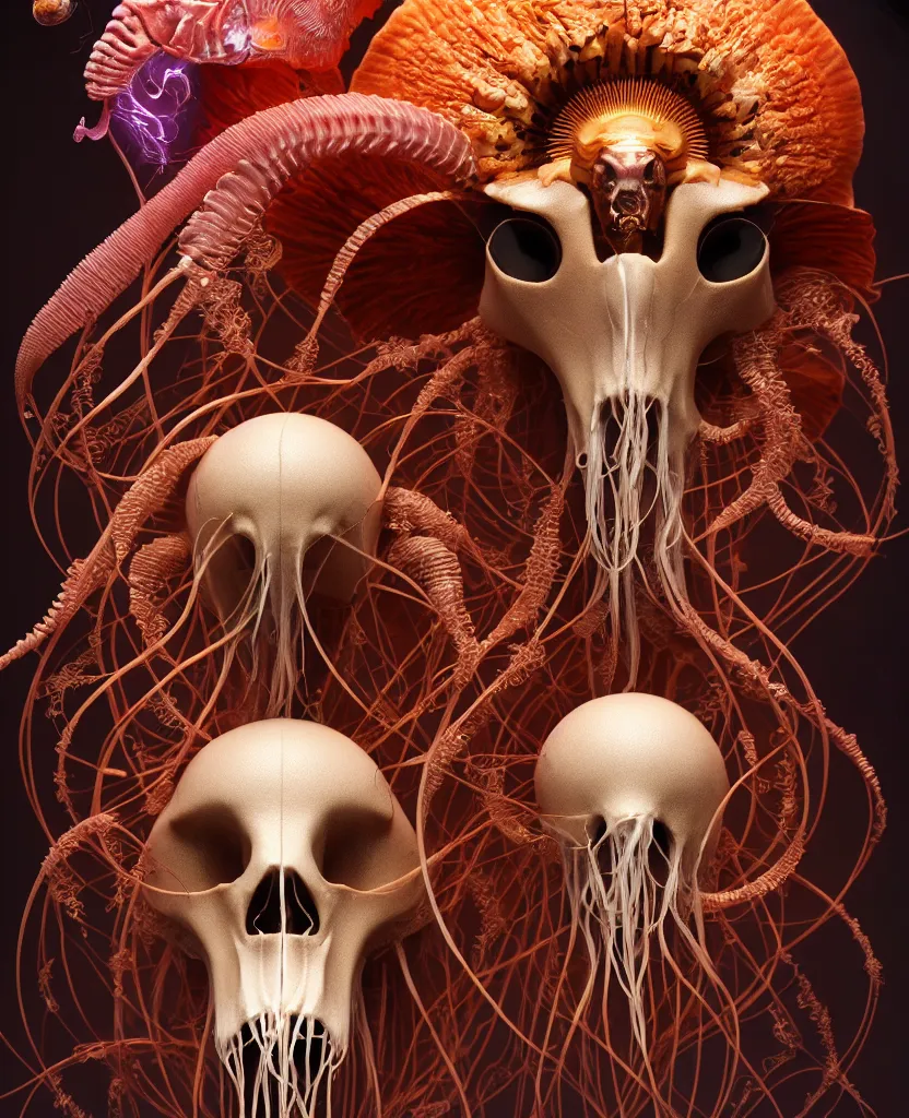 Prompt: goddess close-up portrait ram skull. eyes. jellyfish phoenix head, nautilus, orchid, skull, betta fish, bioluminiscent creatures, intricate artwork by Tooth Wu and wlop and beeple. octane render, trending on artstation, greg rutkowski very coherent symmetrical artwork. cinematic, hyper realism, high detail, octane render, 8k
