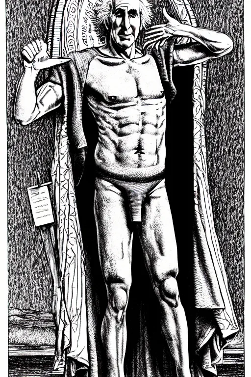 Image similar to larry david as god, full body, pen - and - ink illustration, etching, by russ nicholson, david a trampier, larry elmore, 1 9 8 1, hq scan, intricate details, stylized border