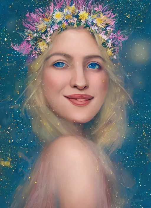 Prompt: portrait, close-up of a smiling beautiful female, blonde,, wearing a crown of daisies, beautiful happy face, ethereal, starry, space, magical atmosphere, maximalist, cinematic lighting, cinematic atmosphere, trending on artstation, cgsociety, 8k, high resolution, in the style of Faiza Maghni, David Ligare, Flora Borsi, Daniel Gerhartz, watercolor, dramatic lighting, cinematic, establishing shot, extremely high detail, foto realistic, cinematic lighting, pen and ink, intricate line drawings, by Yoshitaka Amano, Ruan Jia, Kentaro Miura, Artgerm, post processed, concept art, artstation, matte painting, style by eddie mendoza, raphael lacoste, alex ross