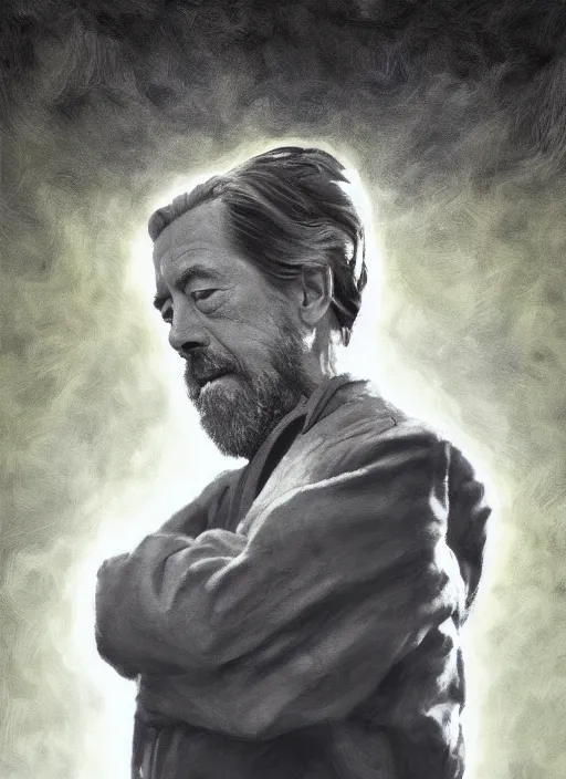 Prompt: alan watts in monk uniform falling across in the universe realism expressionism style digital painting highly detailed photorealistic, featured on artstation