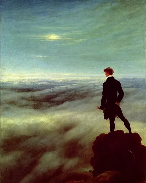 Prompt: ! dream the wanderer above the sea of clouds, by caspar david friedrich, 1 8 1 8, oil on canvas, 7 4. 8 x 9 4. 8, hamburg kunstalle, german romanticism, in the style of caspar david friedrich