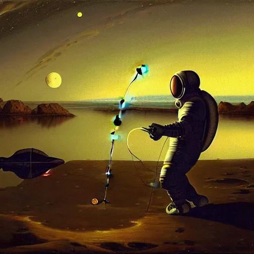 Image similar to astronaut in a spacesuit fishing and catching fish with a fishing rod from the crescent of the moon, realism, landscape