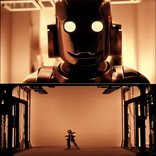 Prompt: movie scene of a robot at jupiter, movie still, cinematic composition, cinematic light, criterion collection, reimagined by industrial light and magic, Movie by David Lynch and Ridley Scott