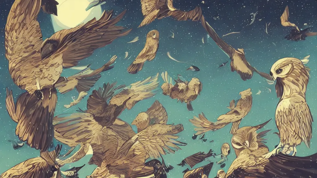 Prompt: ilya kuvshinov, mcbess, rutkowski, victo ngai, james jean, john william waterhouse, artgerm, oil painting illustration of owls flying at night, colorful, mural, deep shadows, astrophotography, highly detailed