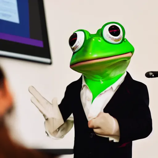 Prompt: a picture of a frog giving a presentation at the office, he is wearing a suit, 4K