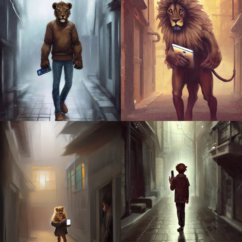 Prompt: A digital painting of a teenage lion in a dark rainy alleyway wearing school uniform while scrolling on his bright phone, by Stanley Artgerm Lau, frank frazetta, Rossdraws, James Jean, gerald brom, Andrei Riabovitchev, Marc Simonetti, and Sakimichan, trending on artstation, SFW version