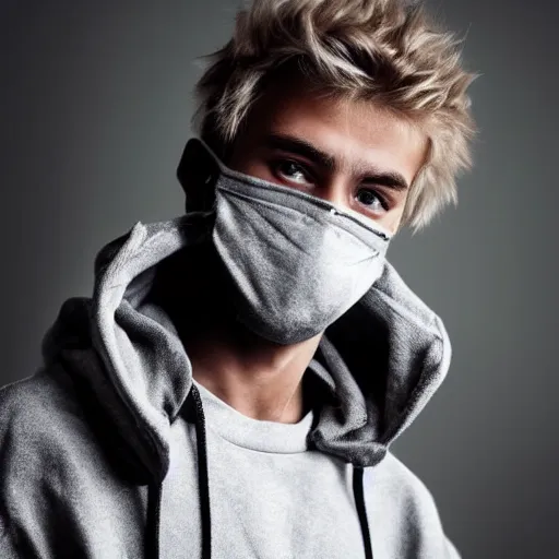 Image similar to professional digital art of a cute young adult man with blonde fluffy messy hair and wide eyes wearing a black face mask and a gray hoodie, high quality, HD, 8K, highly detailed, award-winning