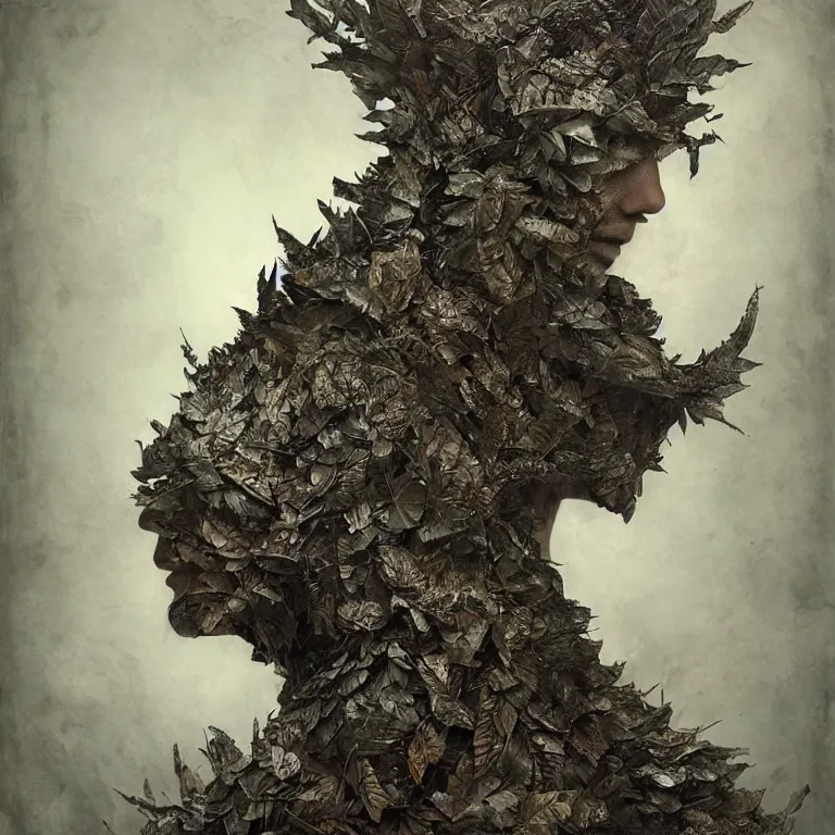 Image similar to powdery blurry old tintype photography of realistic armoured tree made of leaves, dramatic light, dystopian environment, intricate, elegant, highly detailed, centered headdress, artstation, sharp focus, artgerm, tomasz alen kopera, peter mohrbacher, donato giancola, joseph christian leyendecker, wlop, boris vallejo, frank frazetta