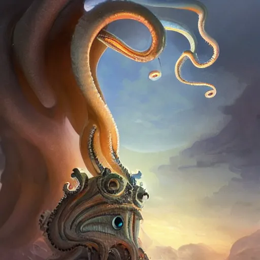 Image similar to angel squid monster with eyes on his tentacles looking at you sunset clouds digital painting, artstation, concept art, soft light, hdri, smooth, sharp focus, illustration, fantasy, intricate, elegant, highly detailed, D&D, matte painting, in the style of Greg Rutkowski and Alphonse Mucha and artemisia, 8k, highly detailed, jurgens, rutkowski, bouguereau, pastoral, rustic, georgic