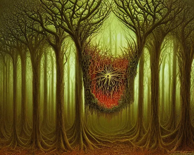 Prompt: fractal acid trip forest by vladimir kush and giger