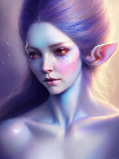 Image similar to the elven queen with blue skin by james jean, charlie bowater, tom bagshaw, nikolay makovsky : : enchanting, ethereal, magical, portrait, character design, illustration, hyperrealism, photorealism, digital art, concept art, fantasy, whimsy, weta, wlop, artstation