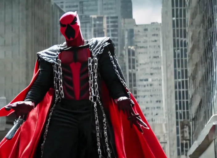 Prompt: film still of jamie foxx as spawn in the new spawn movie, giant chains, large cape, 8 k