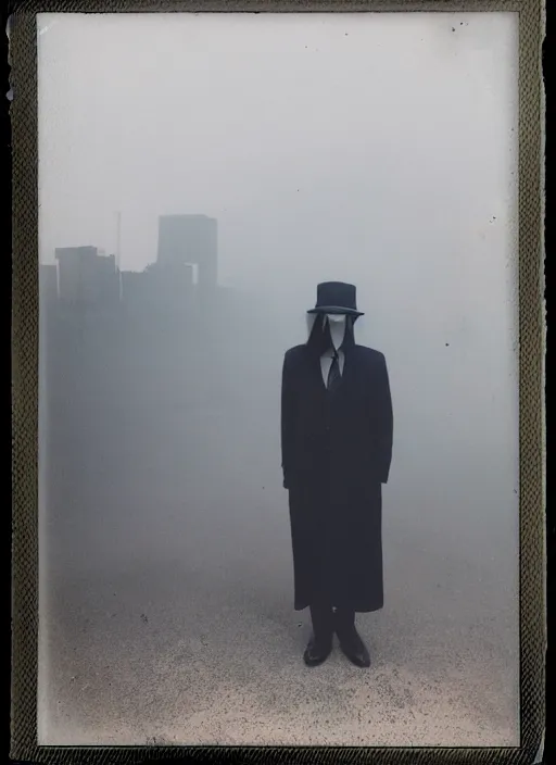 Image similar to mysterious man in suit and hat shrouded in smoke, in a big industrial city metropoli with a cloudy sky, polaroid artistic photo