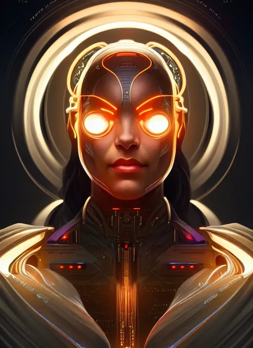 Image similar to symmetry!! portrait of cyborg, glowing lights!! intricate, elegant, highly detailed, digital painting, artstation, concept art, smooth, sharp focus, illustration, art by artgerm and greg rutkowski and alphonse mucha