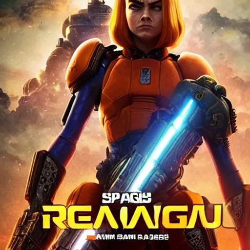 Image similar to movie poster of Cara delevingne as Orange Samus Aran , angry face, screaming, Gears of War cover art, ultra wide lens shot,cinematic lighting, art by Artgerm and Greg Rutkowski and Alphonse Mucha