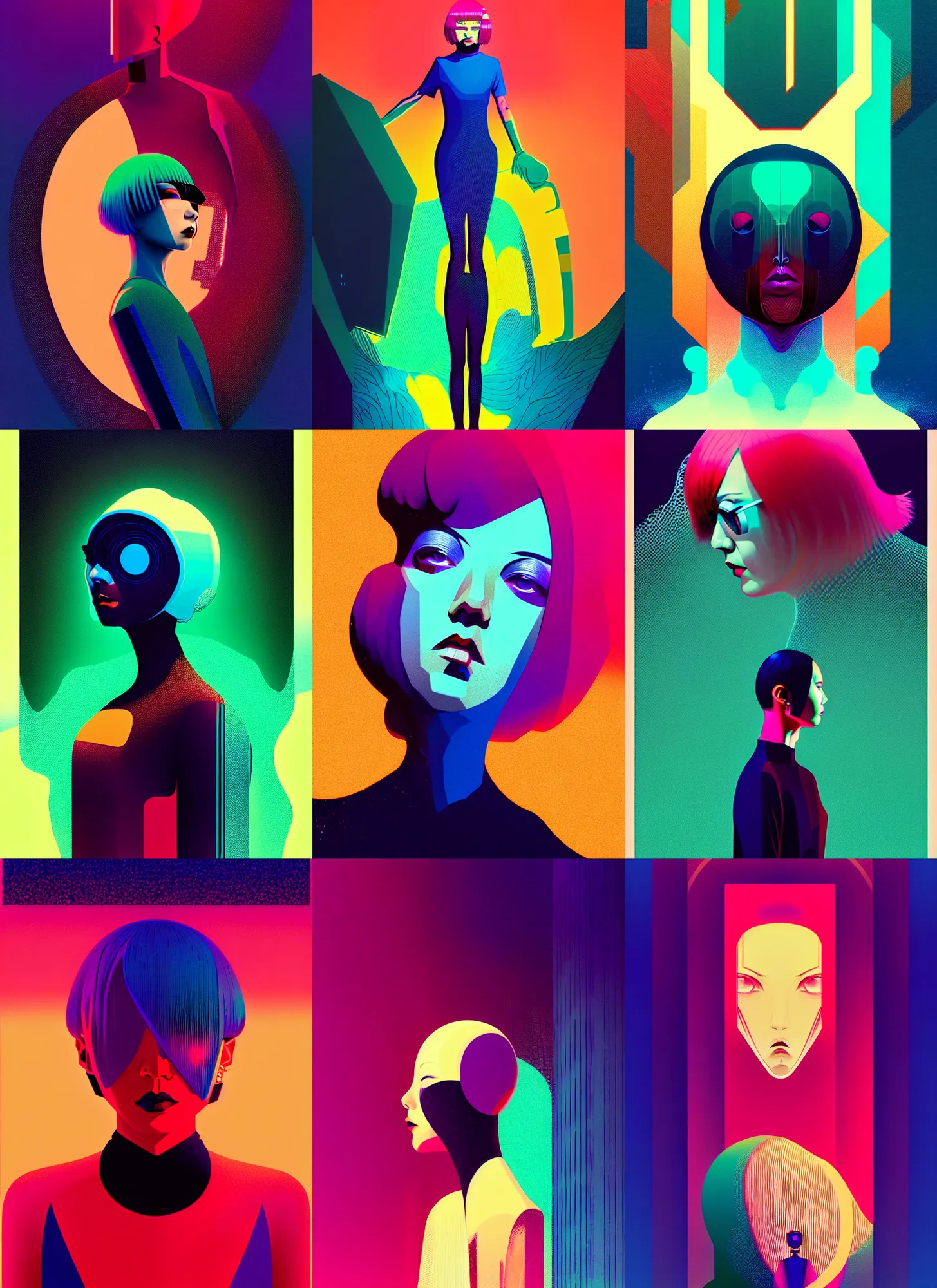 Prompt: ( ( dither ) ), editorial illustration portrait of reol, dynamic pose, modern art deco, colorful, ( ( mads berg ) ), christopher balaskas, victo ngai, rich grainy texture, detailed, dynamic composition, wide angle, moebius, matte print, glitch art, ( ( neural network ) )