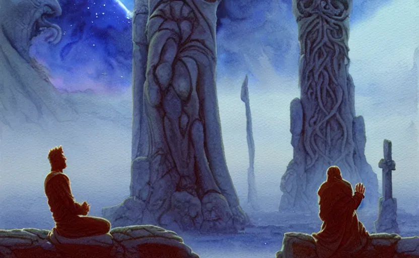 Image similar to a hyperrealist watercolour character concept art portrait of a pagan worshipper kneeling down in prayer in front of a tall elegant lovecraftian alien on a misty night in stone henge. a battlecruiser starship is in the background. by rebecca guay, michael kaluta, charles vess and jean moebius giraud