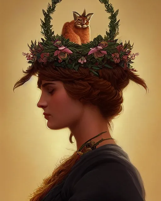 Prompt: a laurel wreath on a head of fluffy caracal, photography of kurzgesagt, deep focus, d & d, intricate, elegant, highly detailed, digital painting, artstation, concept art, matte, sharp focus, illustration, hearthstone, art by artgerm and greg rutkowski and alphonse mucha