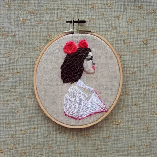 Image similar to a tiny beautiful handmade embroidery of a woman. hand embroidery.