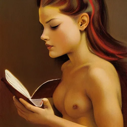 Prompt: a girl reading book, hair flowing down, symmetric!, anatomically correct, in the style of Frank Frazetta, Jeff Easley, Caravaggio, extremely clear and coherent, clear lines, 8K revolution