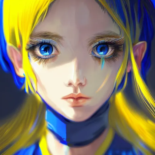 Image similar to a portrait of anime ukrainian blue and yellow girl, concept art, trending on artstation, highly detailed, intricate, sharp focus, digital art, 8 k