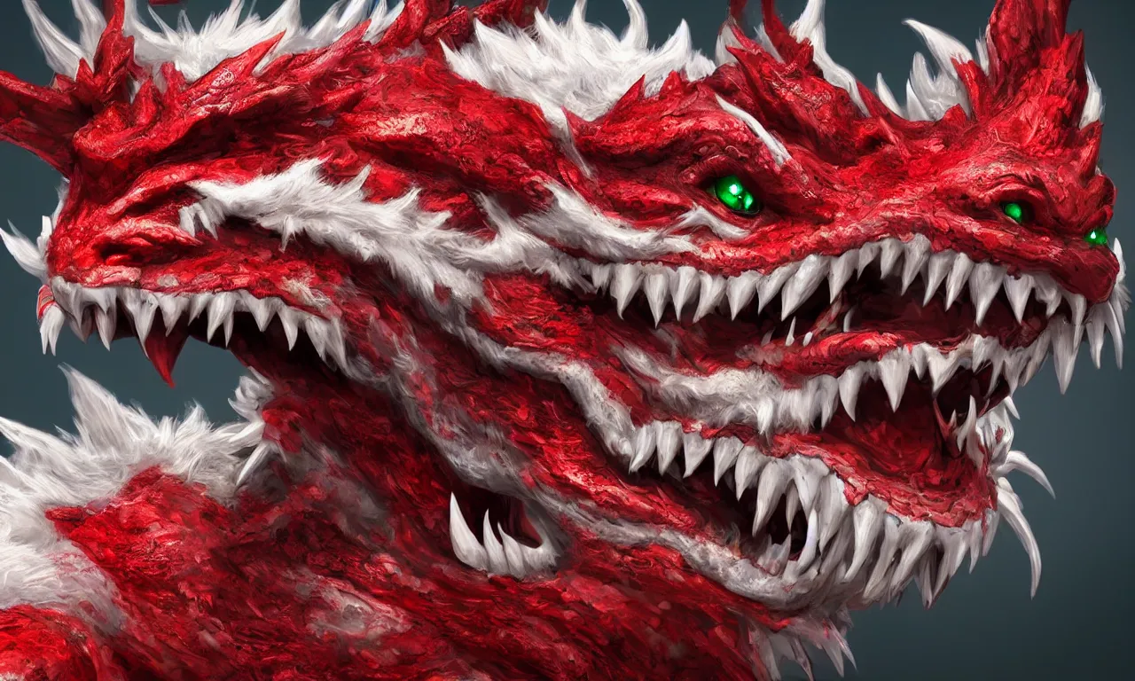 Prompt: hyper - realistic render of cute chinese dragon, crimson and white colored dragon, insane details, emerald eyes, sharp focus, beautiful creature, cinematic rendering, artstation, 4 k, 8 k